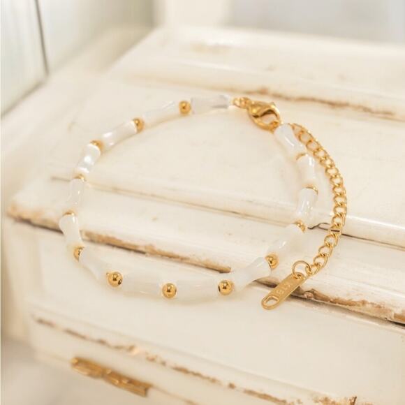 NEW 18K yellow gold plated bamboo beaded shell bracelet jewelry B23B - Picture 4 of 4